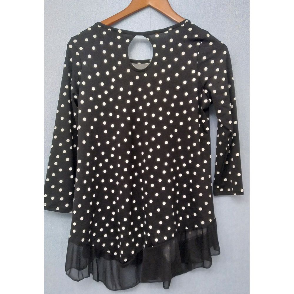 Elegant Polka Dot Tunic Top Sheer‎ Ruffle Hem - 3/4 Sleeve Black & White Blouse